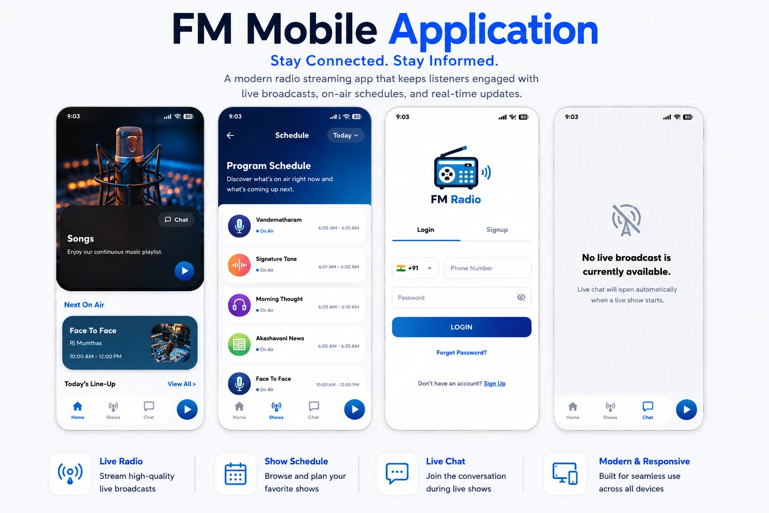 Four screens from the FM Android and iOS app: the live player with today's line-up, the weekly programme schedule, the phone-number login screen, and the live chat awaiting the next broadcast.